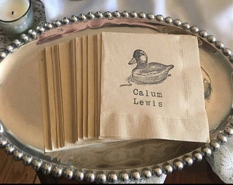 Personalized Light Burlap Brown Wooden Vintage Duck Decoy Rustic Outdoorsmen Hunting Paper Wedding Cocktail Napkins with Name- Set of 50