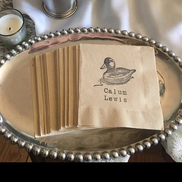 Personalized Light Burlap Brown Wooden Vintage Duck Decoy Rustic Outdoorsmen Hunting Paper Wedding Cocktail Napkins with Name- Set of 50