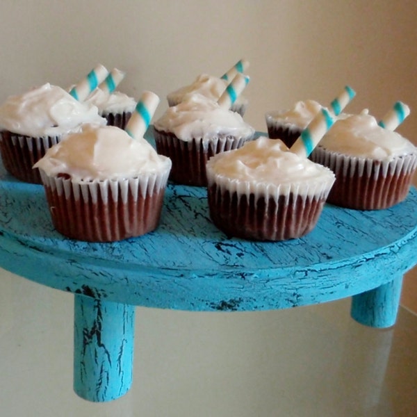 Turquoise Blue Shabby Chic Crakled Wooden Cake Stand 12" Rustic Wedding Decor