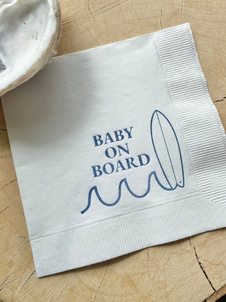 25 Baby on Board Surf Nautical Beach Baby Shower Cocktail Napkins White Napkins Navy Blue ink 3 Ply Paper beverage napkins 5x5 image 4