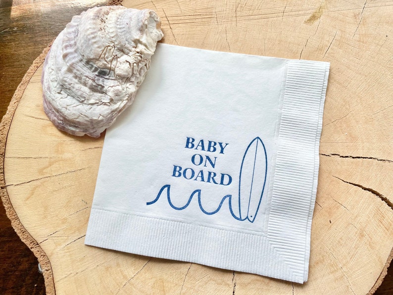 25 Baby on Board Surf Nautical Beach Baby Shower Cocktail Napkins White Napkins Navy Blue ink 3 Ply Paper beverage napkins 5x5 image 1