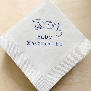 Personalized Stork Baby Shower White Beverage Cocktail Napkins Baby Sprinkle Girl or Boy Gender neutral napkins in Navy ink- Set of 50