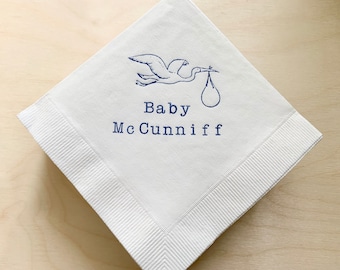 Personalized Stork Baby Shower White Beverage Cocktail Napkins Baby Sprinkle Girl or Boy Gender neutral napkins in Navy ink- Set of 50