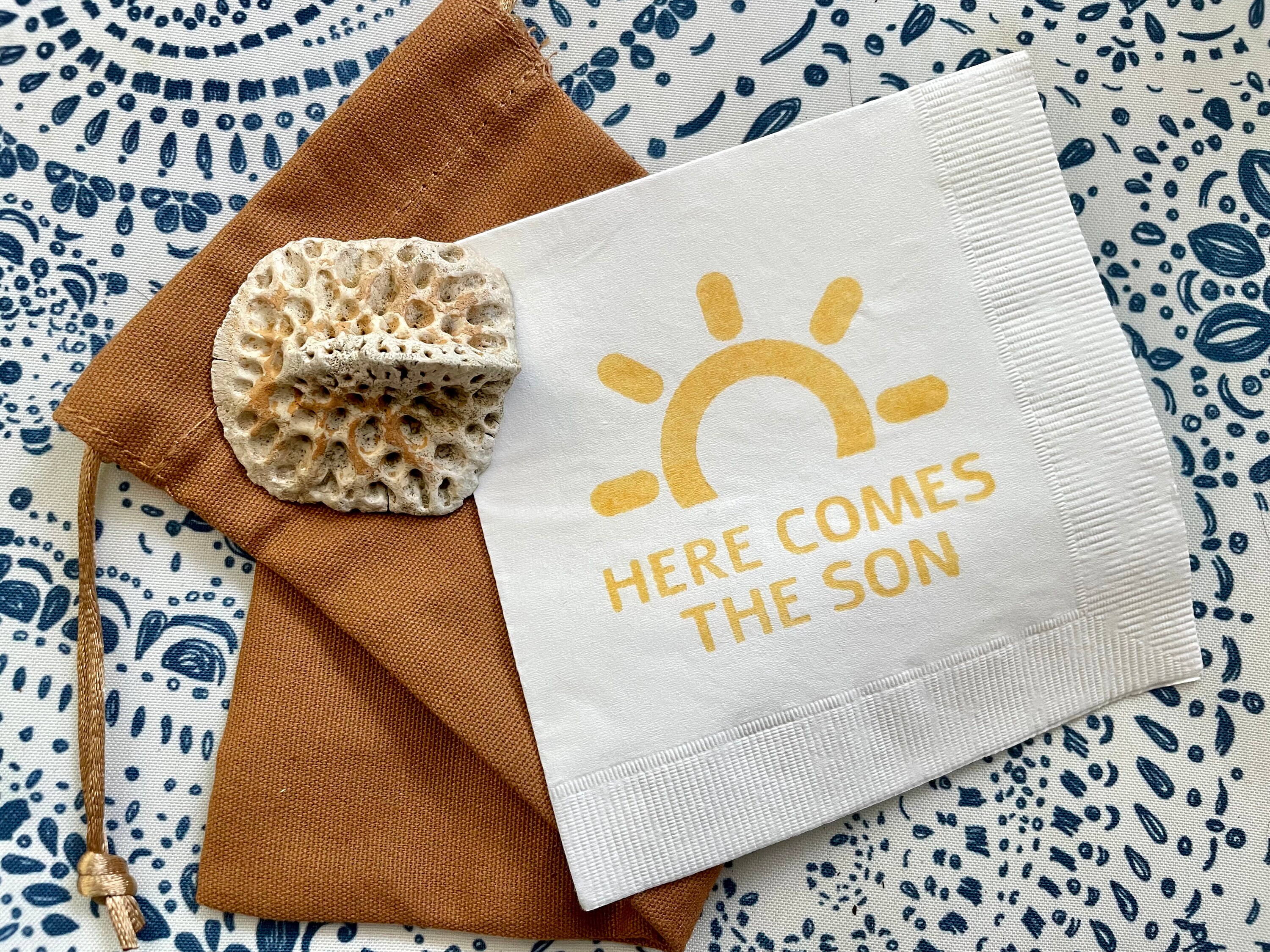 25 Here Comes the Son Baby Shower Cocktail Napkins White Napkins Yellow ink Baby Boy Sunshine 3 Ply Paper beverage napkins