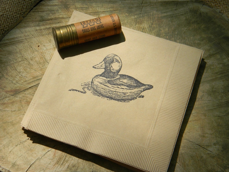 Personalized Light Burlap Brown Wooden Vintage Duck Decoy Rustic Outdoorsmen Hunting Paper Wedding Cocktail Napkins with Name Set of 50 image 4