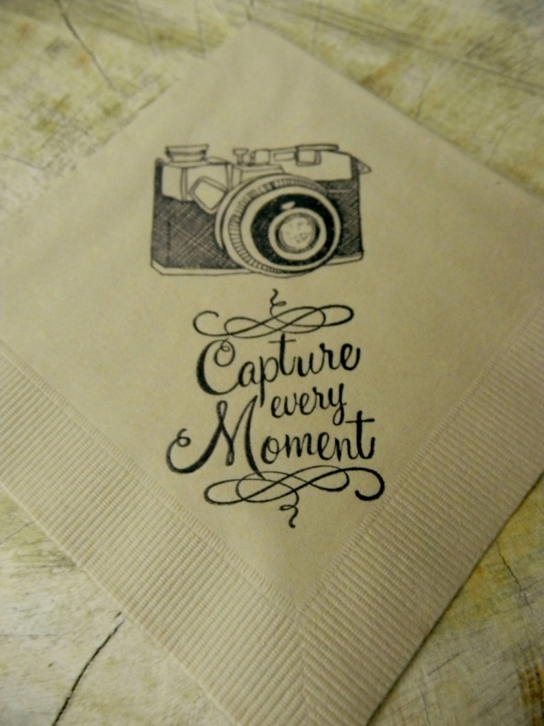 Retro Camera Capture Every Moment Light Burlap Wedding Cocktail Napkins Set of 50 image 1