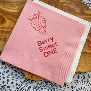 25 Berry Sweet One Strawberry Girls First Birthday Party 3 Ply Paper beverage napkins 5x5