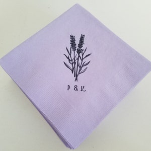 Lavender Sprigs Personalized Rustic French Chateau Spring Wedding 3 ply Paper Beverage Cocktail Napkins With Couples Initials - Set of 50