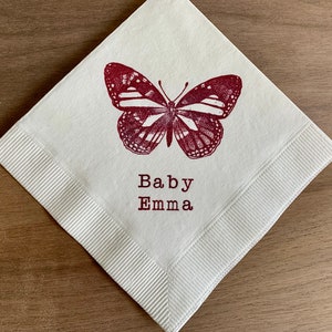 Custom Butterfly Baby Shower Cocktail Napkins White Napkins with Plum Purple ink Baby Shower 3 Ply Paper beverage napkins 5x5 - Set of 50