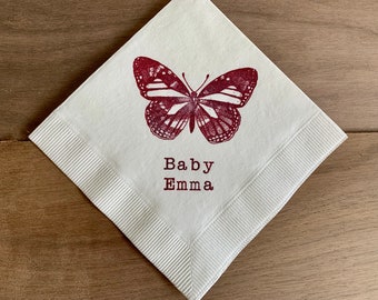 Custom Butterfly Baby Shower Cocktail Napkins White Napkins with Plum Purple ink Baby Shower 3 Ply Paper beverage napkins 5x5 - Set of 50
