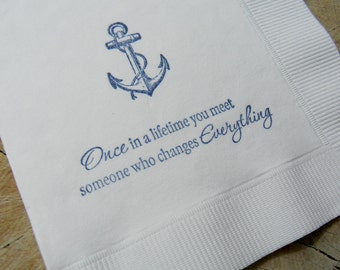 Vintage Anchor Once in a Lifetime Nautical Wedding Napkins White Paper Cocktail Napkins in Navy ink- Set of 50