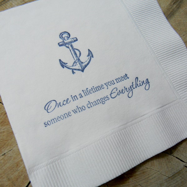 Vintage Anchor Once in a Lifetime Nautical Wedding Napkins White Paper Cocktail Napkins in Navy ink- Set of 50