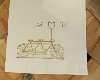 Bicycle Built for Two Tandem Love Personalized Ivory Wedding 3 Ply Cocktail Napkins with Initials and Heart Balloon in Coffee ink- set of 50