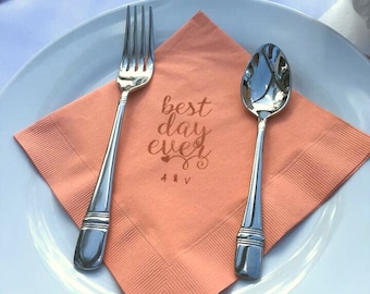 Personalized Best Day Ever Peach Coral Rustic Wedding Luncheon Dinner 3 Ply Paper Napkins with Sepia ink and couples initials - Set of 50