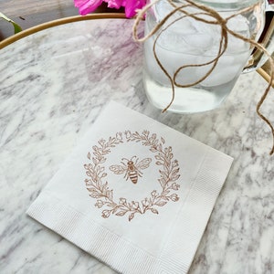 Bee Laurel Wreath White 3 Ply Paper Beverage Cocktail Napkins Wedding or Baby Shower Baby bee Honey Outdoor Garden Party Sepia Set of 50 image 2