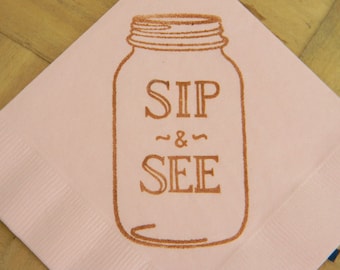 Sip and See Mason Jar Baby Shower Light Pink Cocktail Napkins with Coffee ink- Set of 50