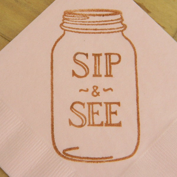 Sip and See Mason Jar Baby Shower Light Pink Cocktail Napkins with Coffee ink- Set of 50