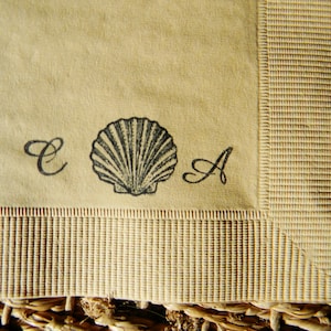 Vintage Sea Shell Personalized Beach Wedding Napkins in Light Burlap 3 Ply Paper Cocktail Napkins with Cursive Couples Initials- Set of 50