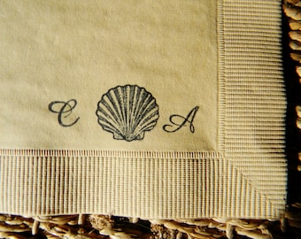 Vintage Sea Shell Personalized Beach Wedding Napkins in Light Burlap 3 Ply Paper Cocktail Napkins with Cursive Couples Initials- Set of 50