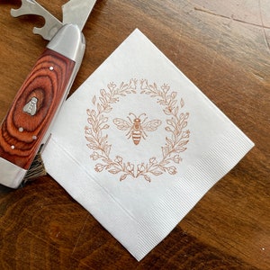 Bee Laurel Wreath White 3 Ply Paper Beverage Cocktail Napkins Wedding or Baby Shower Baby bee Honey Outdoor Garden Party Sepia Set of 50 image 3