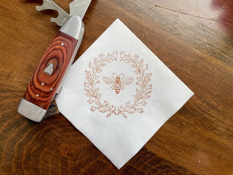 Bee Laurel Wreath White 3 Ply Paper Beverage Cocktail Napkins Wedding or Baby Shower Baby bee Honey Outdoor Garden Party Sepia Set of 50 image 3