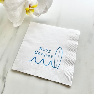 25 Baby on Board Surf Baby Shower Custom Cocktail Napkins White Napkins Bright Blue ink Baby Birthday 3 Ply Paper beverage napkins 5x5 image 1