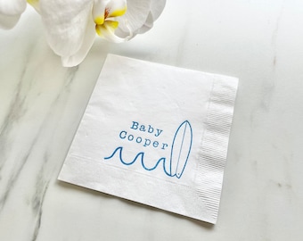 25 Bebé a bordo Surf Baby Shower Servilletas de cóctel personalizadas Servilletas blancas Tinta azul brillante Cumpleaños del bebé Servilletas de bebida de papel de 3 capas 5x5