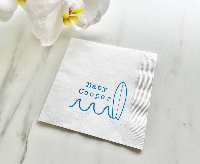 25 Baby on Board Surf Baby Shower Custom Cocktail Napkins White Napkins Bright Blue ink Baby Birthday 3 Ply Paper beverage napkins 5x5 image 1