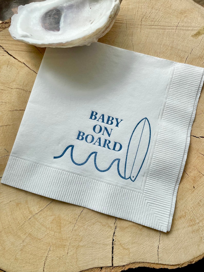 25 Baby on Board Surf Nautical Beach Baby Shower Cocktail Napkins White Napkins Navy Blue ink 3 Ply Paper beverage napkins 5x5 image 6