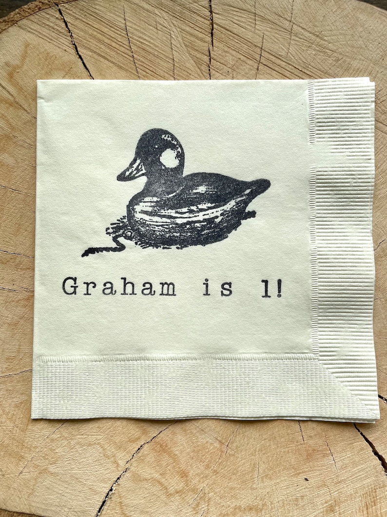 Personalized Light Burlap Brown Wooden Vintage Duck Decoy Rustic Outdoorsmen Hunting Paper Wedding Cocktail Napkins with Name Set of 50 image 5