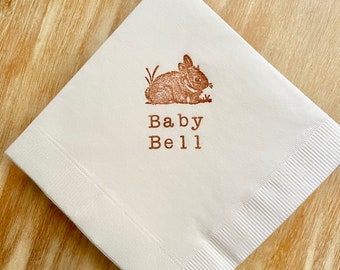 Personalized Baby Bunny Baby Shower Napkins with name White Cocktail Napkins with Sepia ink Gender Neutral Easter Rabbit Spring - Set of 50