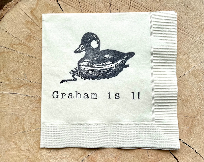 Personalized Light Burlap Brown Wooden Vintage Duck Decoy Rustic Outdoorsmen Hunting Paper Wedding Cocktail Napkins with Name Set of 50 image 7