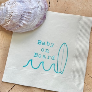 25 Baby on Board Surf Baby Shower Custom Cocktail Napkins White Napkins Bright Blue ink Baby Birthday 3 Ply Paper beverage napkins 5x5 image 8