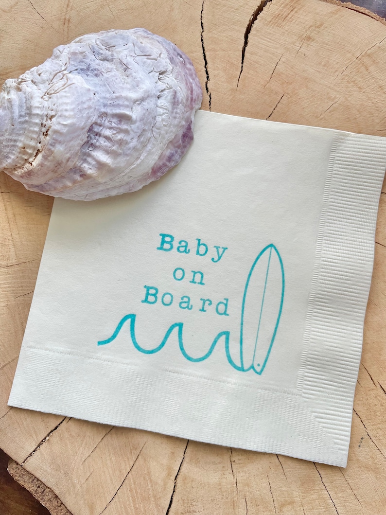 25 Baby on Board Surf Baby Shower Custom Cocktail Napkins White Napkins Bright Blue ink Baby Birthday 3 Ply Paper beverage napkins 5x5 image 8