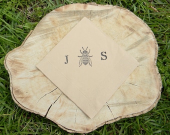 Personalized Honey Bee Large Initials Monogrammed Custom Wedding Light Burlap 3 Ply Paper Beverage Cocktail Napkins in black ink - Set of 50