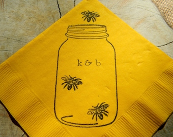 Rustic School Bus Yellow Mason Jar Honey Bee Wedding Personalized Cocktail Napkins with initials- set of 50