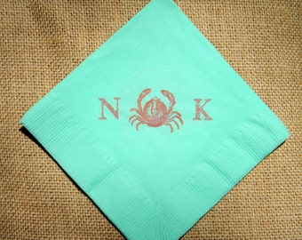 Vintage Nautical Wedding Decor Personalized Crab Napkins in Mint Paper Wedding Cocktail Napkins with Coral Sparkle Ink- Set of 50