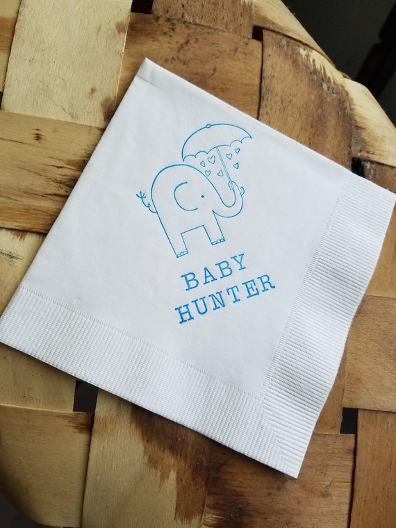 Baby Elephant with Umbrella and Baby Shower White 3 Ply Cocktail Napkins with Baby Name Baby Girl or Baby Boy in Bright blue ink- Set of 50