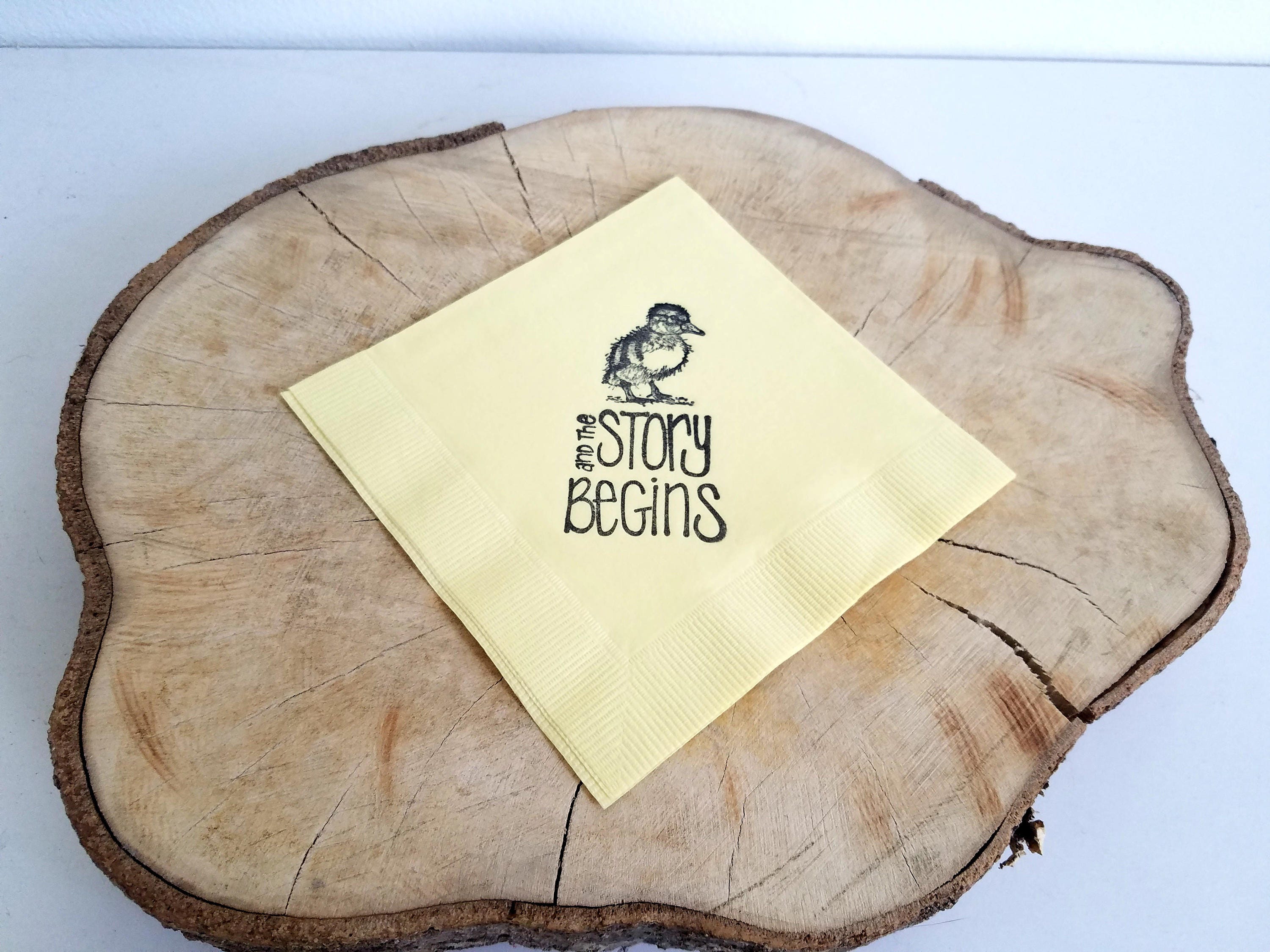 Baby Duckling The Story Begins Light Yellow Duck 3 Ply Beverage Paper Cocktail Napkins Gender Neutral Baby Girl or Baby Boy