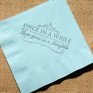 Fairytale Love Light Blue Paper Wedding Cocktail Napkins Once in a While Crown Stamped 3 ply Custom Beverage Napkins Set of 50 image 4