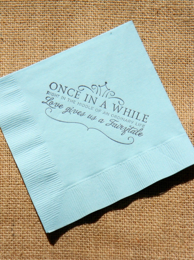 Fairytale Love Light Blue Paper Wedding Cocktail Napkins Once in a While Crown Stamped 3 ply Custom Beverage Napkins Set of 50 image 4