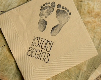 The Story Begins Baby Shower Footprints Light Burlap 3 Ply Paper Beverage Cocktail Napkins Gender Neutral Baby Girl or Baby Boy- Set of 50