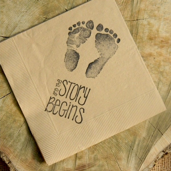 The Story Begins Baby Shower Footprints Light Burlap 3 Ply Paper Beverage Cocktail Napkins Gender Neutral Baby Girl or Baby Boy- Set of 50