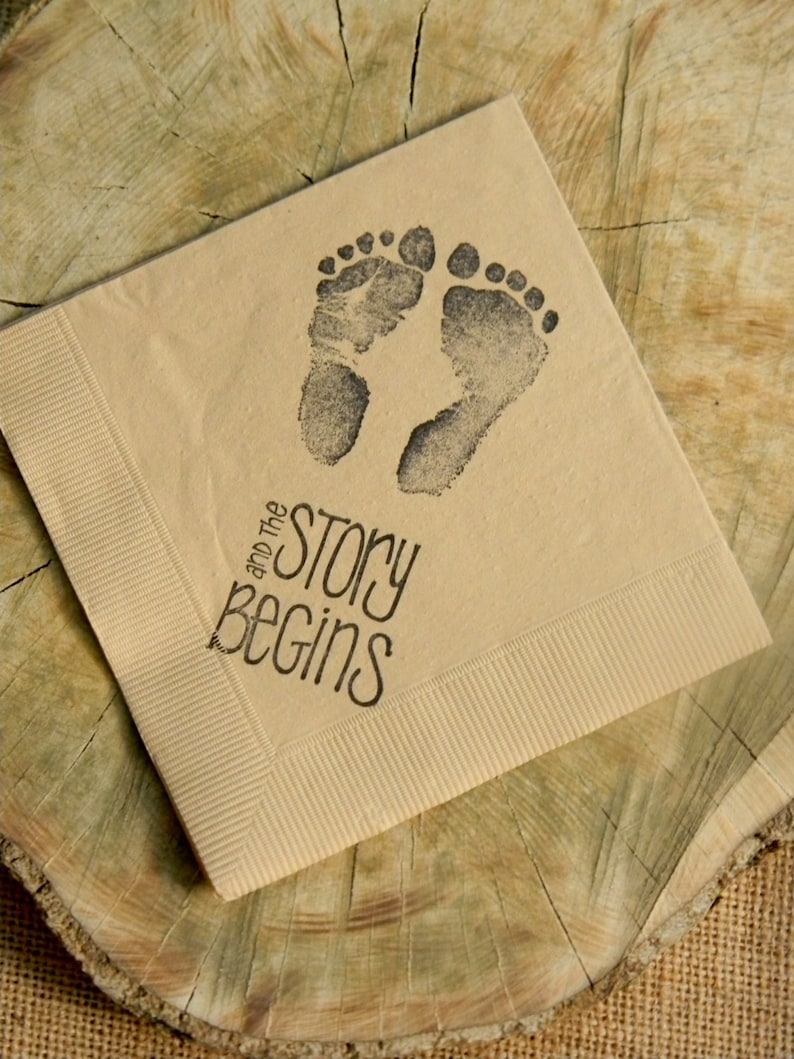 The Story Begins Baby Shower Footprints Light Burlap 3 Ply Paper Beverage Cocktail Napkins Gender Neutral Baby Girl or Baby Boy- Set of 50