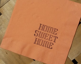 Home Sweet Home Peach Coral House Warming Cross Stitch Paper Custom 3 Ply Paper Beverage Cocktail Napkins Open House Snacks - Set of 50