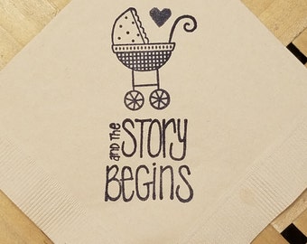 The Story Begins Baby Buggy with tiny heart Shower Napkins Light Burlap Cocktail Napkins Gender Neutral Baby Girl or Baby Boy- Set of 50