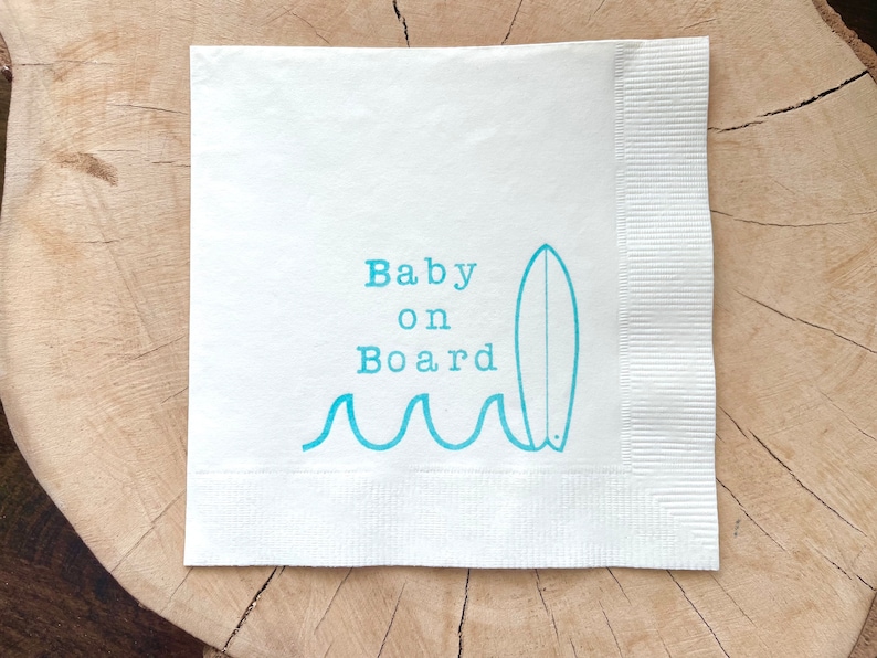 25 Baby on Board Surf Baby Shower Custom Cocktail Napkins White Napkins Bright Blue ink Baby Birthday 3 Ply Paper beverage napkins 5x5 image 9