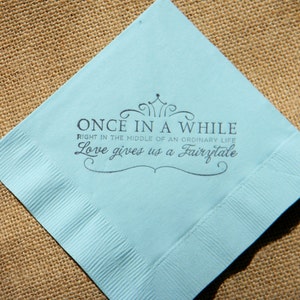 Fairytale Love Light Blue Paper Wedding Cocktail Napkins Once in a While Crown Stamped 3 ply Custom Beverage Napkins Set of 50 image 2