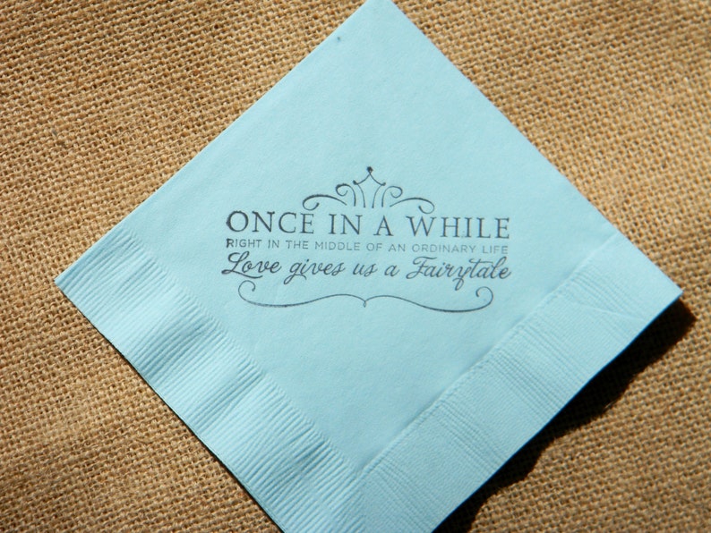 Fairytale Love Light Blue Paper Wedding Cocktail Napkins Once in a While Crown Stamped 3 ply Custom Beverage Napkins Set of 50 image 2