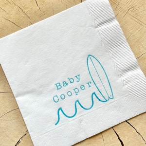 25 Baby on Board Surf Baby Shower Custom Cocktail Napkins White Napkins Bright Blue ink Baby Birthday 3 Ply Paper beverage napkins 5x5 image 6